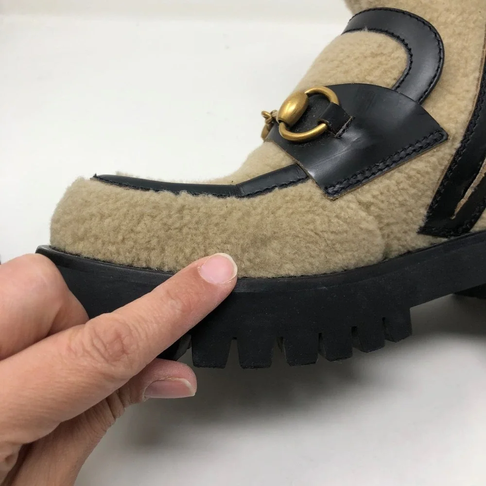 Gucci Ankle Shearling Combat‎ Boot Horsebit Womens 37.5 US 7.5 Beige Designer